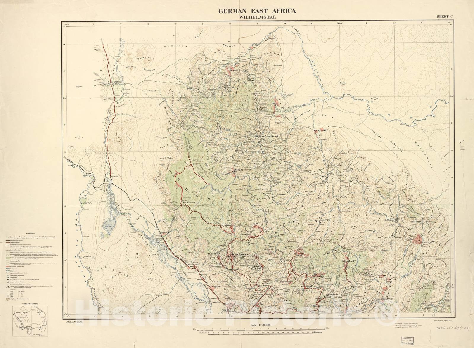 Historic 1915 Map - German East Africa. - German East Africa (Tanga)