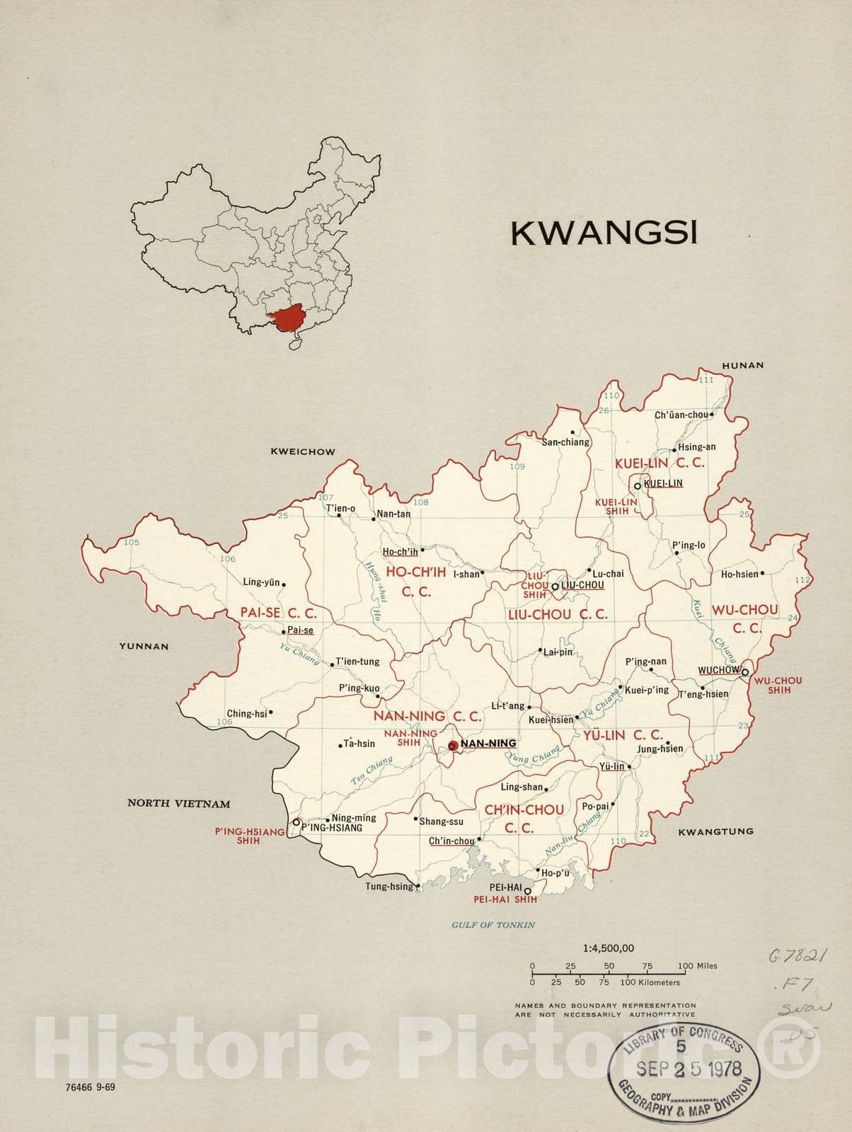 Historic 1969 Map - China, Administrative divisions. - Kwangsi