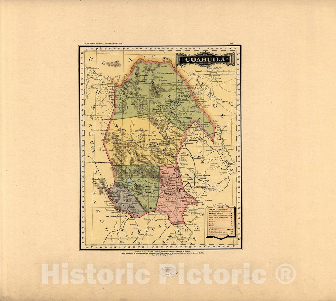 Historic 1884 Map - Atlas Mexicano. - Coahuila