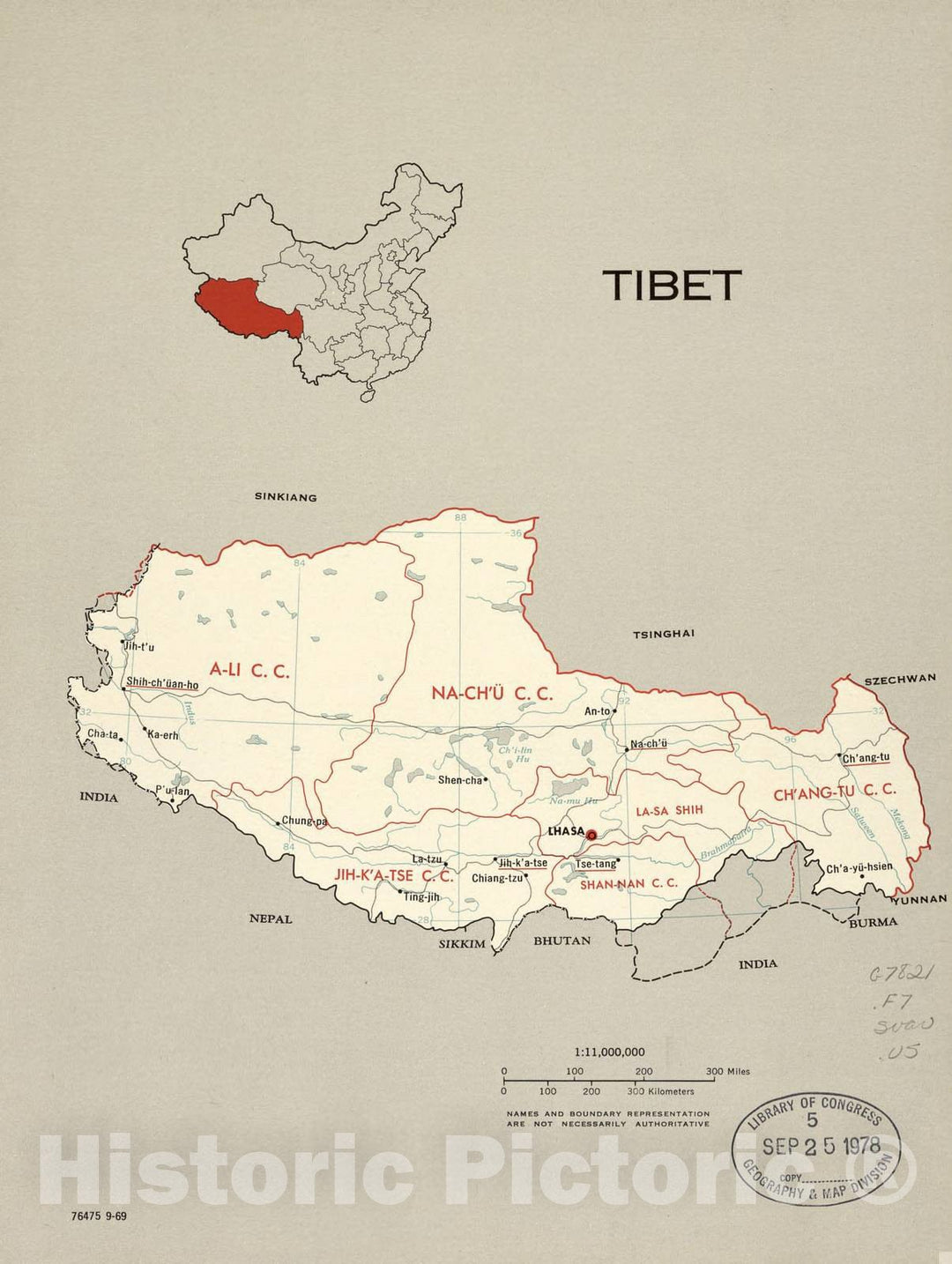 Historic 1969 Map - China, Administrative divisions. - Tibet