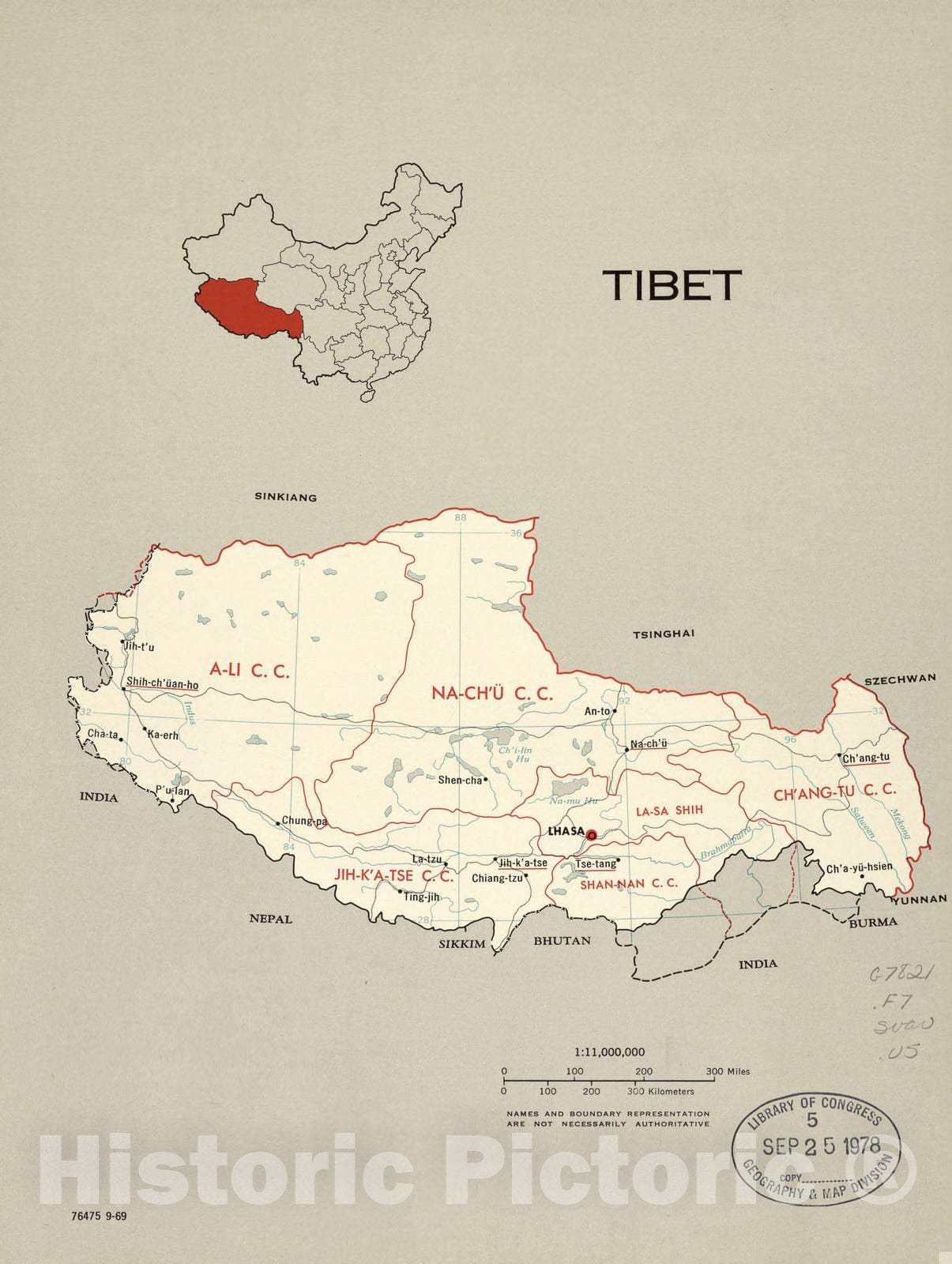 Historic 1969 Map - China, Administrative divisions. - Tibet