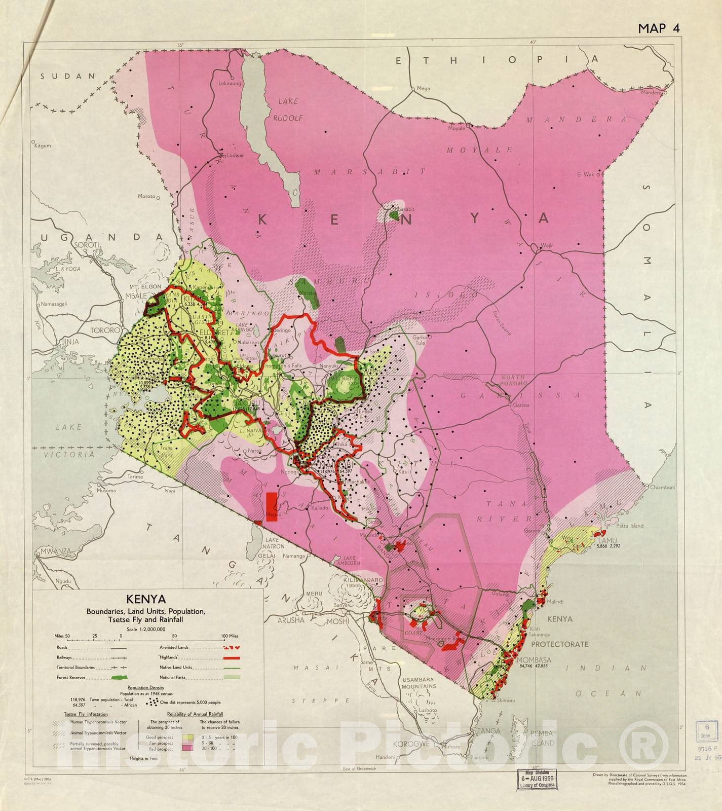 Historic 1954 Map - East Africa - Map 4: Boundaries, Land Units, Population Tsetse Fly and Rainfall