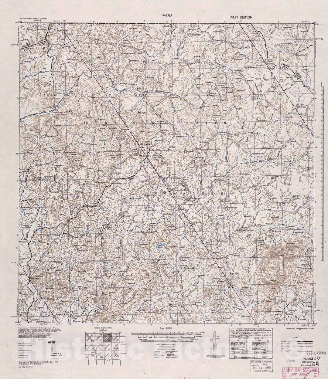 Historic 1942 Map - Sierra Leone, Africa - 1:250,000 - Kabala - 1st ed. AMS1