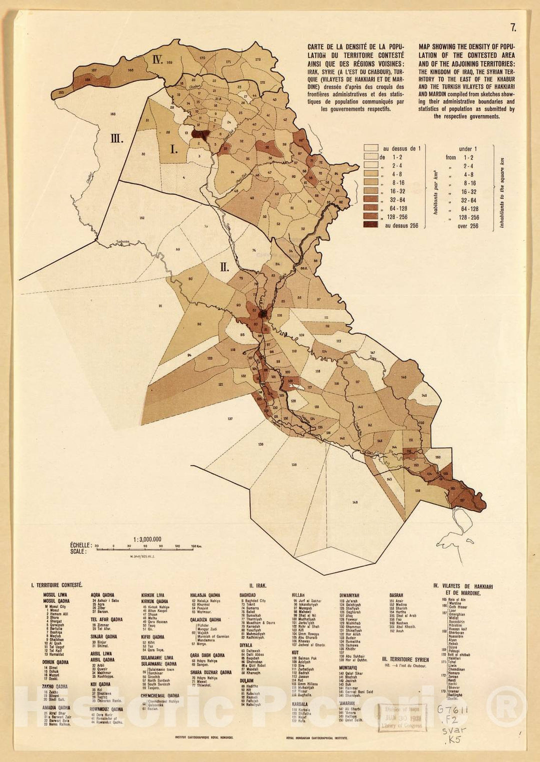 Historic 1924 Map - Border Maps of Iran & Turkey - Sheet 7: Map Showing The Density of Population of contested Area.