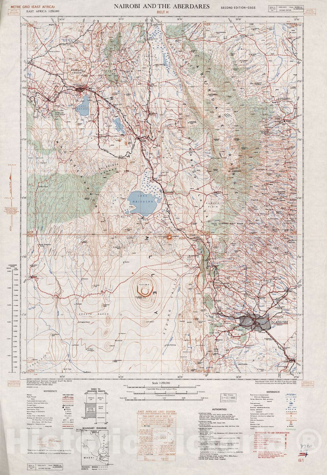 Historic 1940 Map - East Africa 1:250,000 - Nairobi and Aberdares (Belt H)