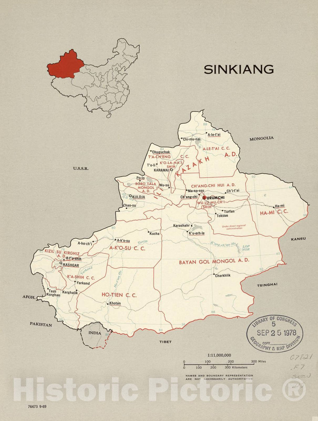 Historic 1969 Map - China, Administrative divisions. - Sinkiang