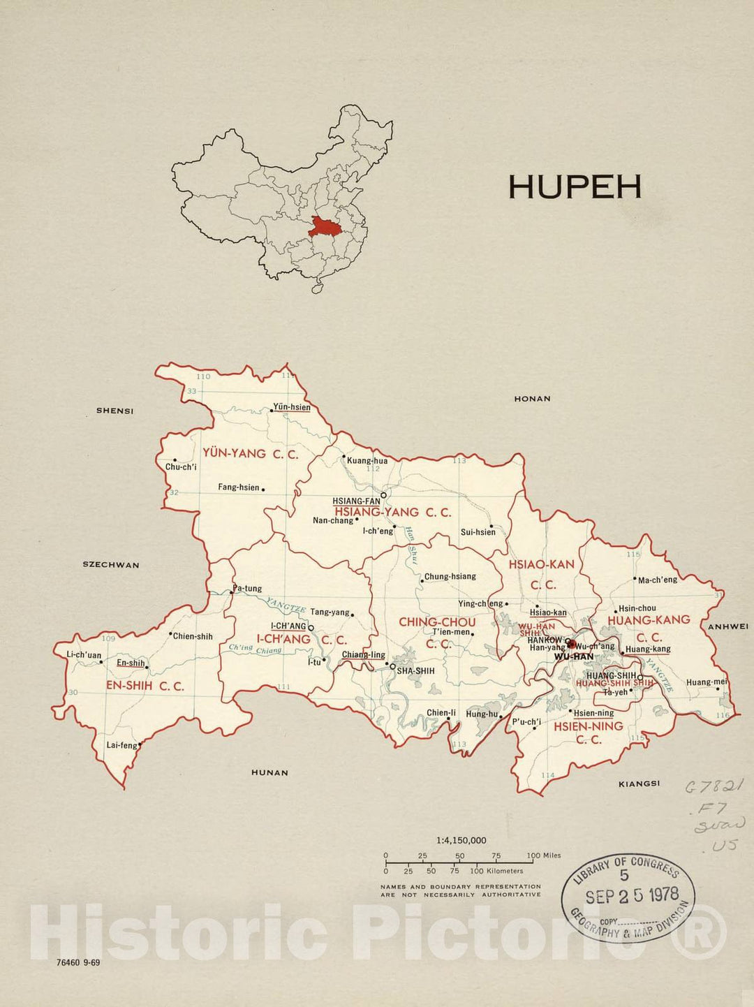 Historic 1969 Map - China, Administrative divisions. - Hupeh