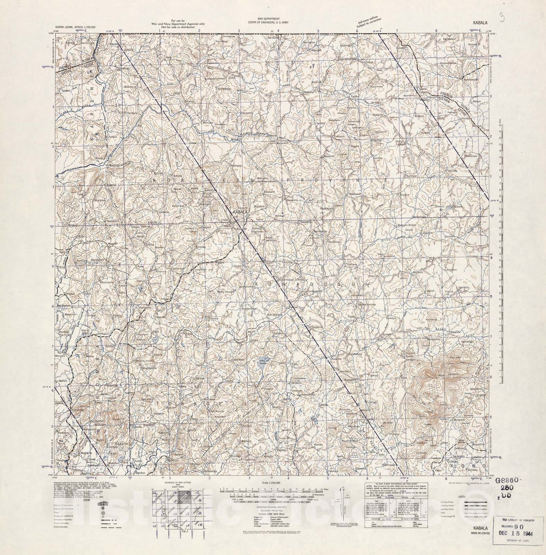 Historic 1942 Map - Sierra Leone, Africa - 1:250,000 - Kabala - Adv. ed.