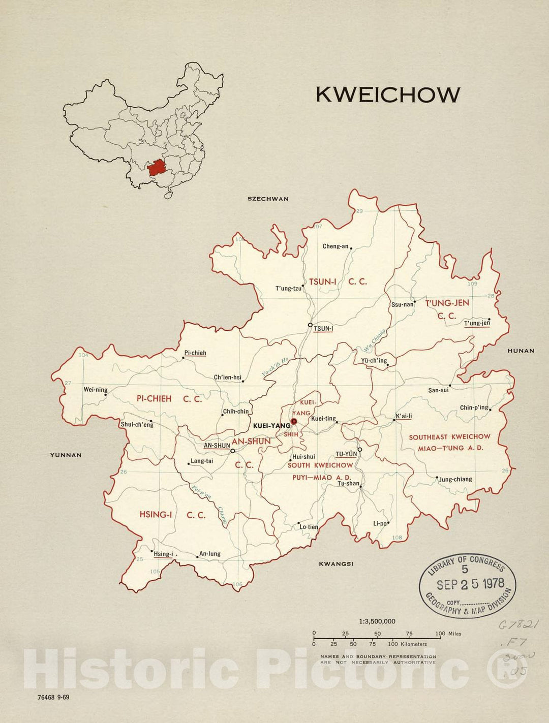 Historic 1969 Map - China, Administrative divisions. - Kweichow