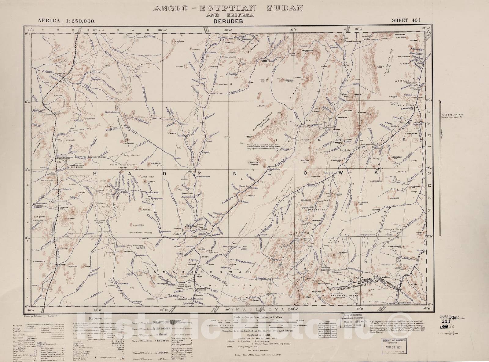 Historic 1909 Map - Sudan 1:250,000 - Derudeb Sheet 46-I Sep 1938 - Anglo-Egyptian Sudan