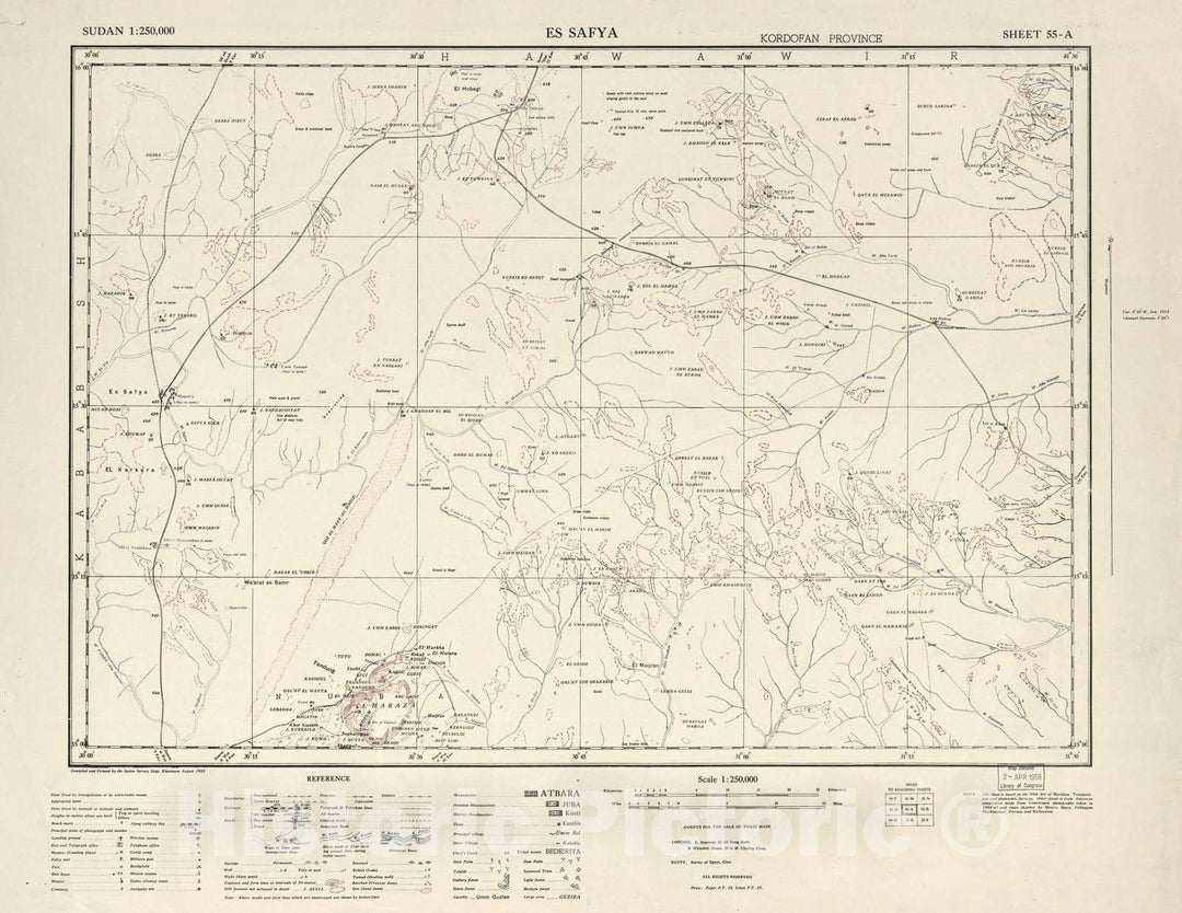 Historic 1909 Map - Sudan 1:250,000 - ES Safya Sheet 55-A Aug 1955 - Anglo-Egyptian Sudan