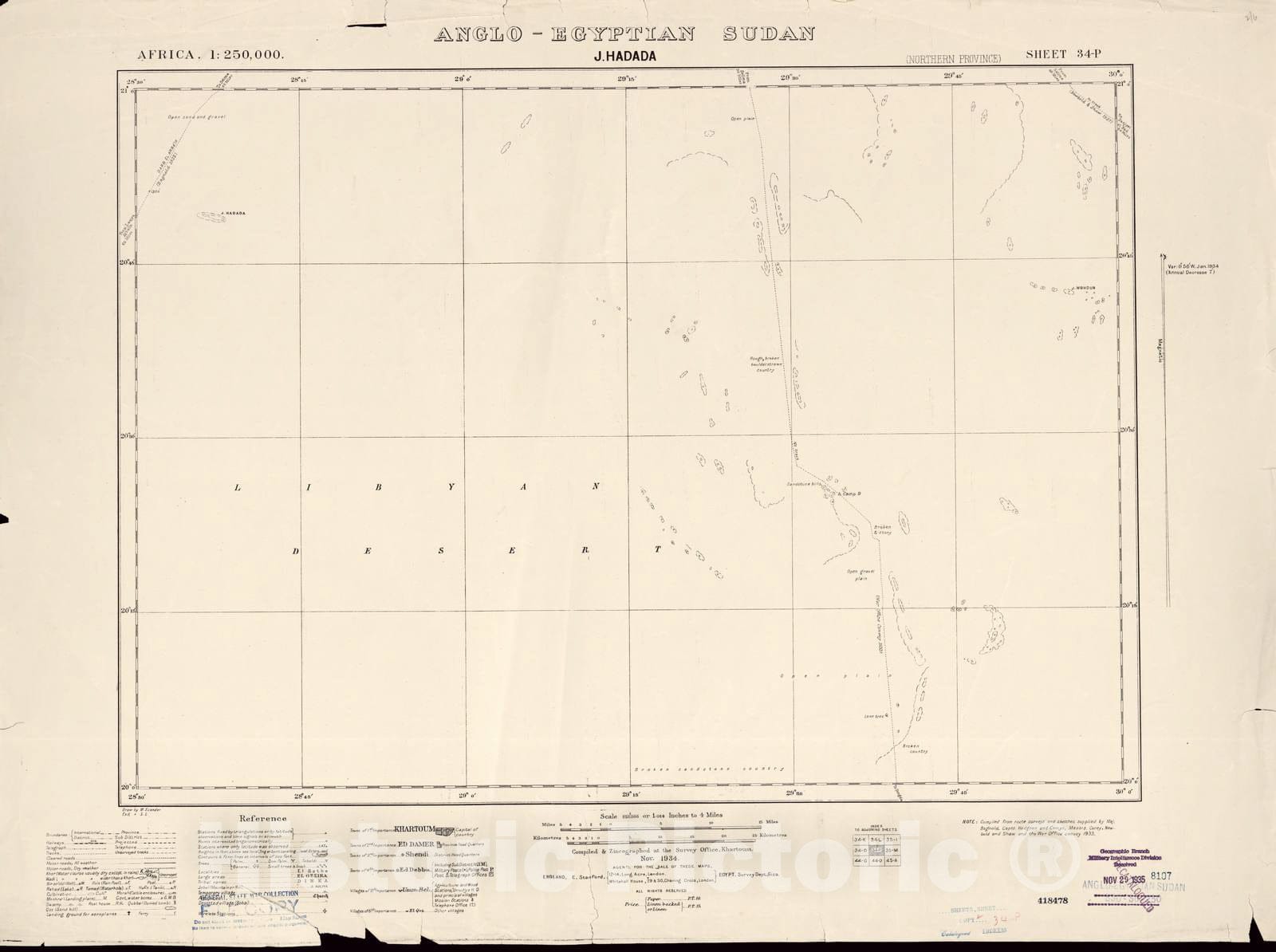 Historic 1909 Map - Sudan 1:250,000 - J. Hadada Sheet 34-P Nov 1934 - Anglo-Egyptian Sudan