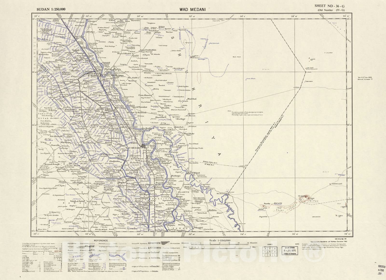 Historic 1909 Map - Sudan 1:250,000 - WAD Medani Sheet ND-36-G (Old Number 55-G; No Month) 1965 - Anglo-Egyptian Sudan