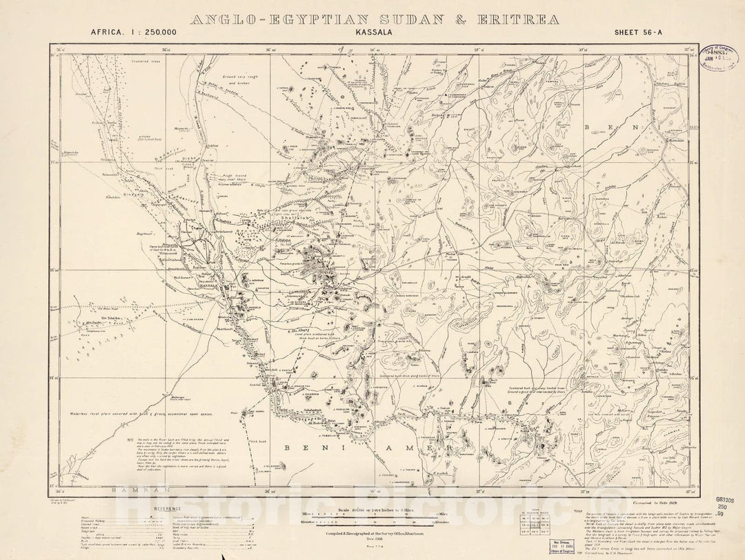 Historic 1909 Map - Sudan 1:250,000 - Kassala Sheet 56-A Oct 1919 - Anglo-Egyptian Sudan