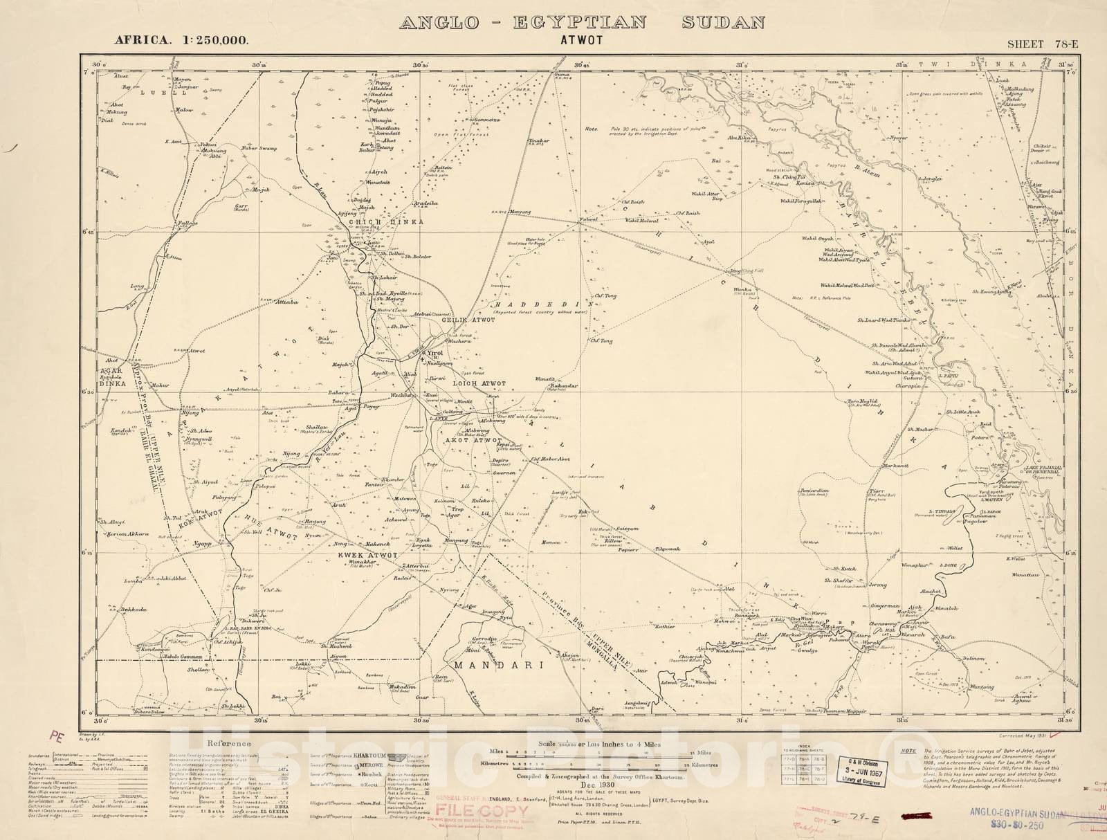 Historic 1909 Map - Sudan 1:250,000 - Atwot Sheet 78-E Dec 1930 - Anglo-Egyptian Sudan