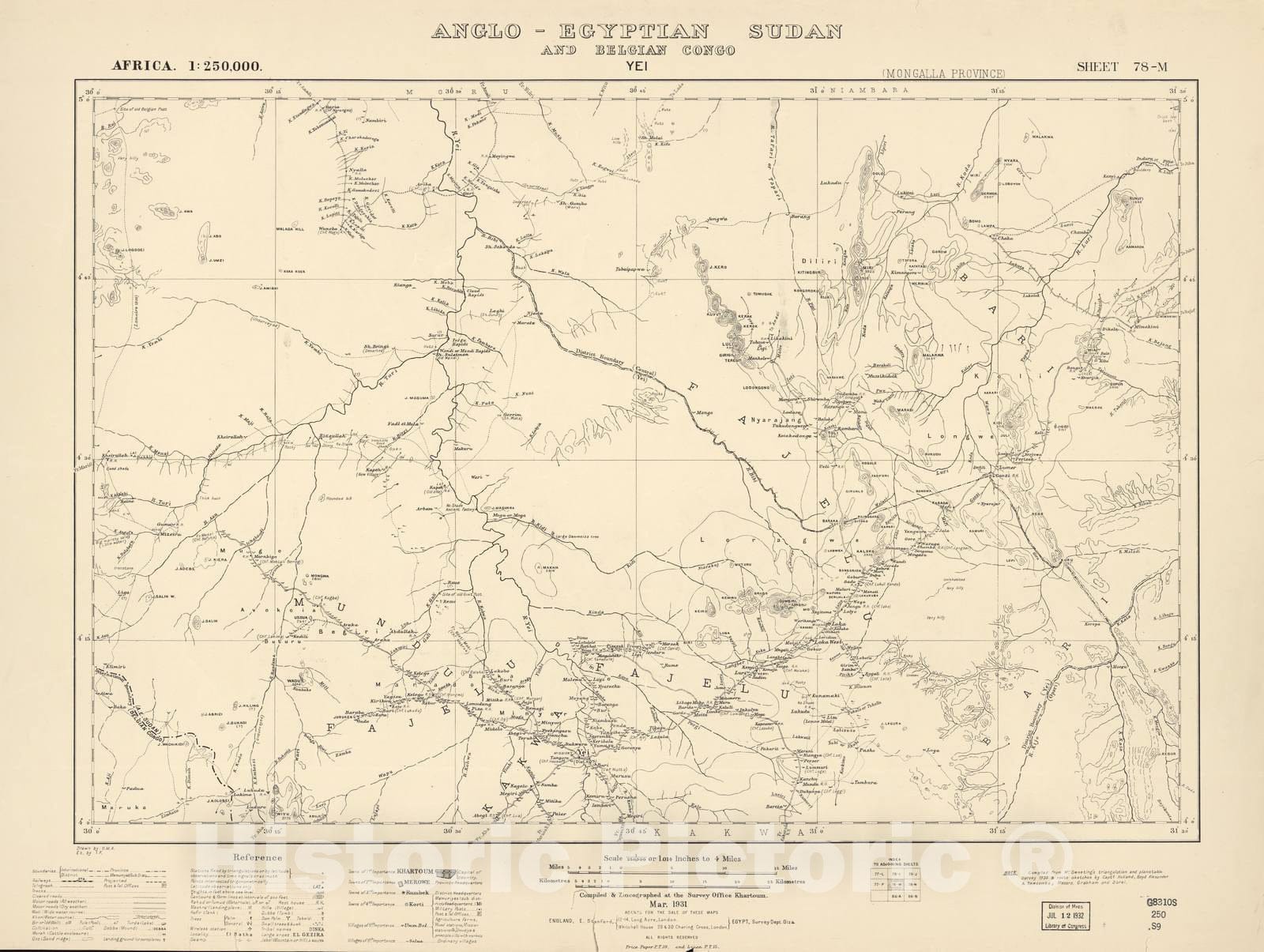 Historic 1909 Map - Sudan 1:250,000 - Yei Sheet 78-M Mar 1931 - Anglo-Egyptian Sudan