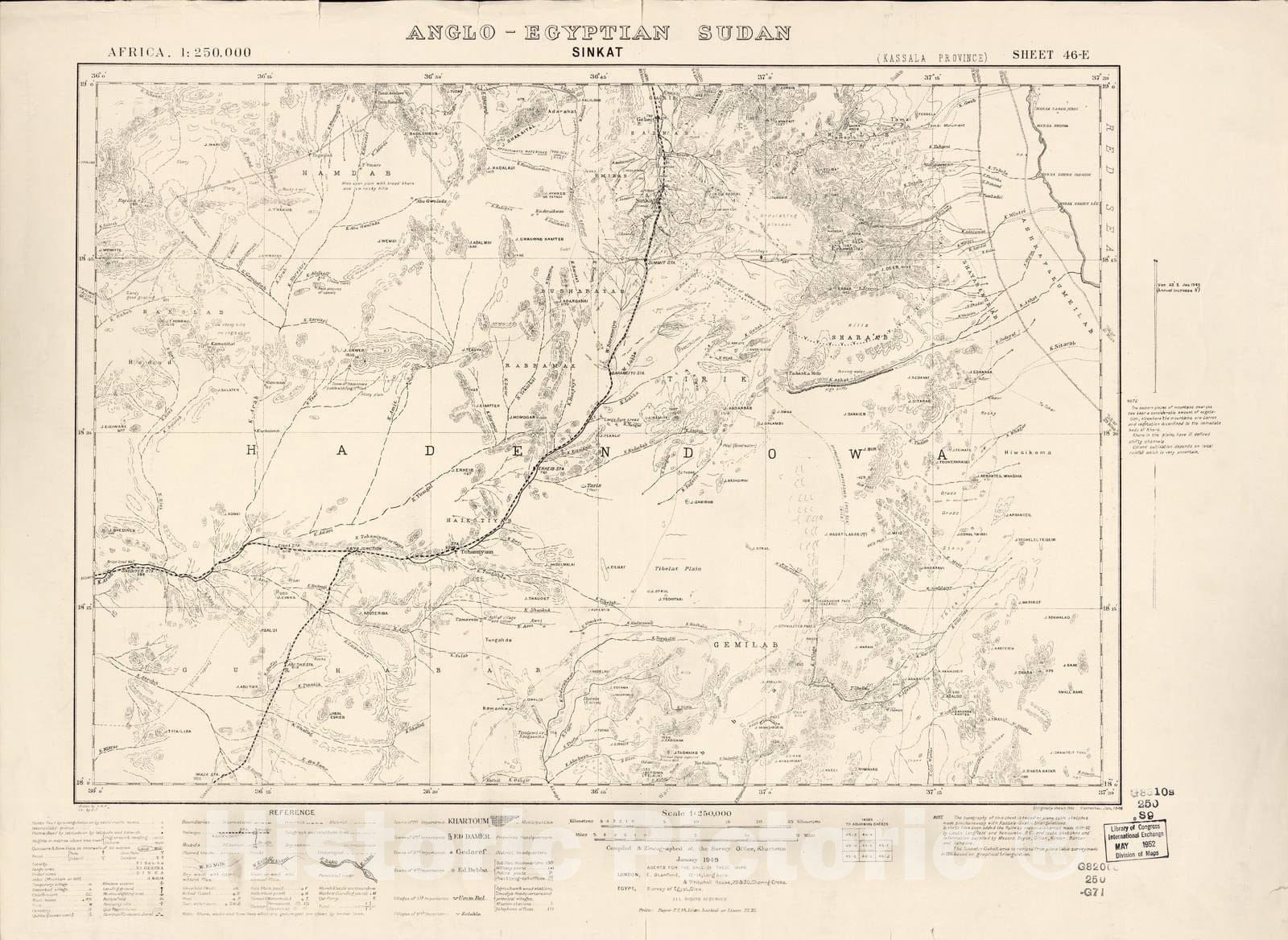 Historic 1909 Map - Sudan 1:250,000 - Sinkat Sheet 46-E Jan 1949 - Anglo-Egyptian Sudan