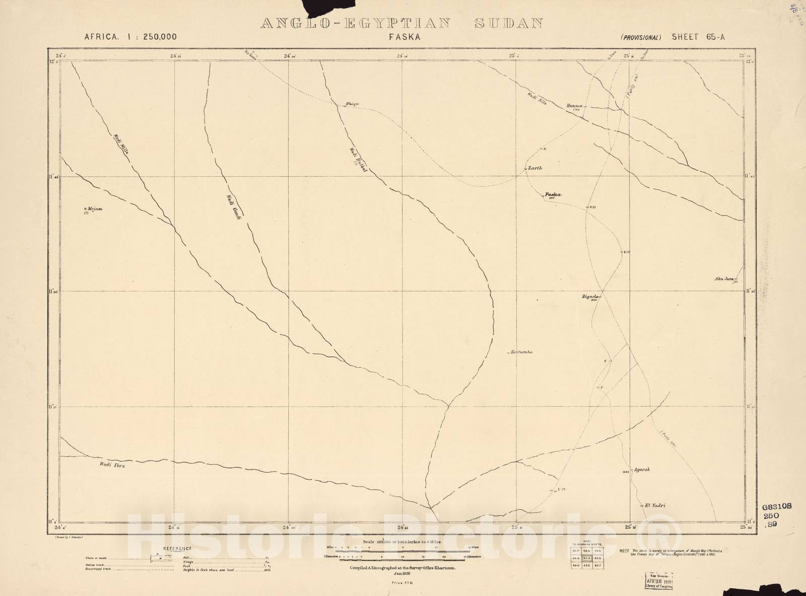 Historic 1909 Map - Sudan 1:250,000 - Faska Sheet 65-A Jan 1916 - Anglo-Egyptian Sudan