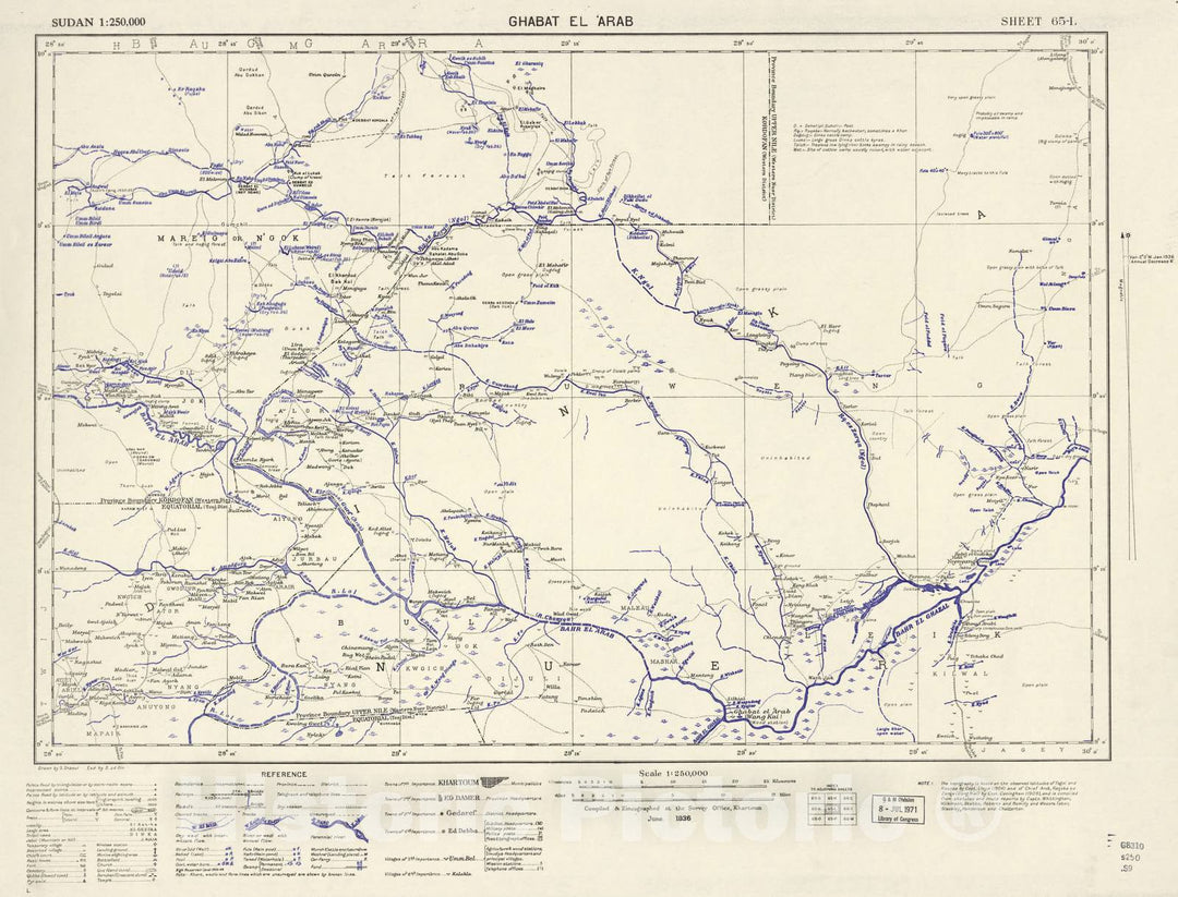 Historic 1909 Map - Sudan 1:250,000 - Ghabat El 'Arab Sheet 65-L Jun 1936 - Anglo-Egyptian Sudan