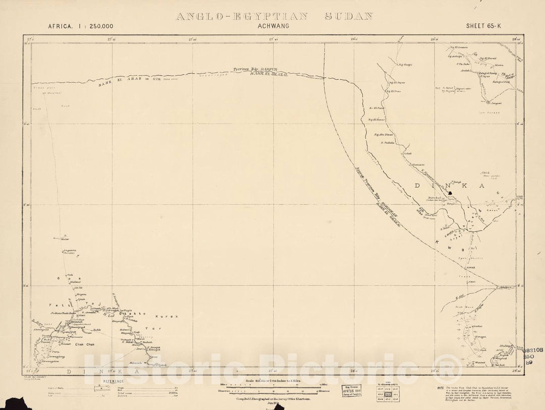 Historic 1909 Map - Sudan 1:250,000 - Achwang Sheet 65-K Jun 1916 - Anglo-Egyptian Sudan