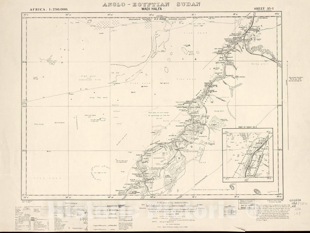 Historic 1909 Map - Sudan 1:250,000 - Waldi Halfa Sheet 35-I Dec 1942 - Anglo-Egyptian Sudan