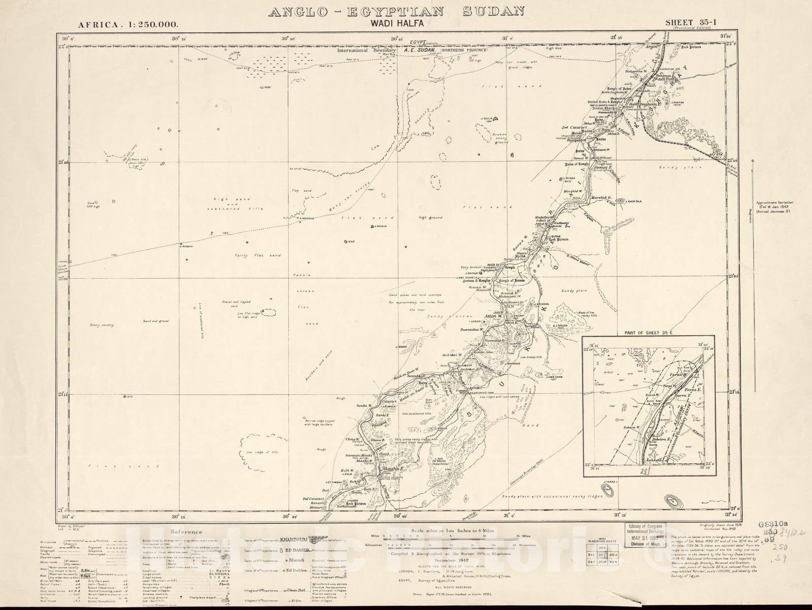 Historic 1909 Map - Sudan 1:250,000 - Waldi Halfa Sheet 35-I Dec 1942 - Anglo-Egyptian Sudan