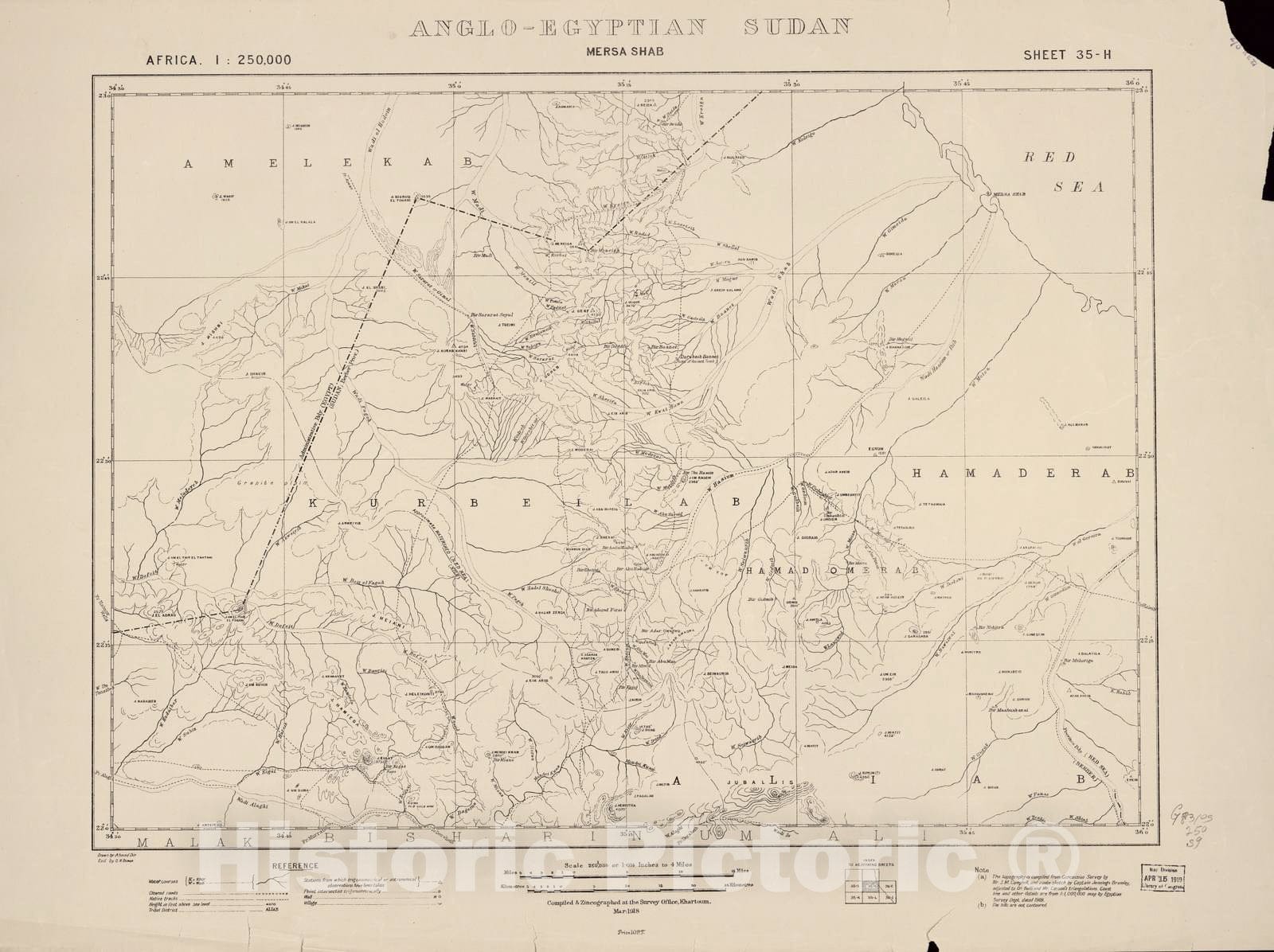 Historic 1909 Map - Sudan 1:250,000 - Mersa Shab Sheet 35-H Mar 1918 - Anglo-Egyptian Sudan