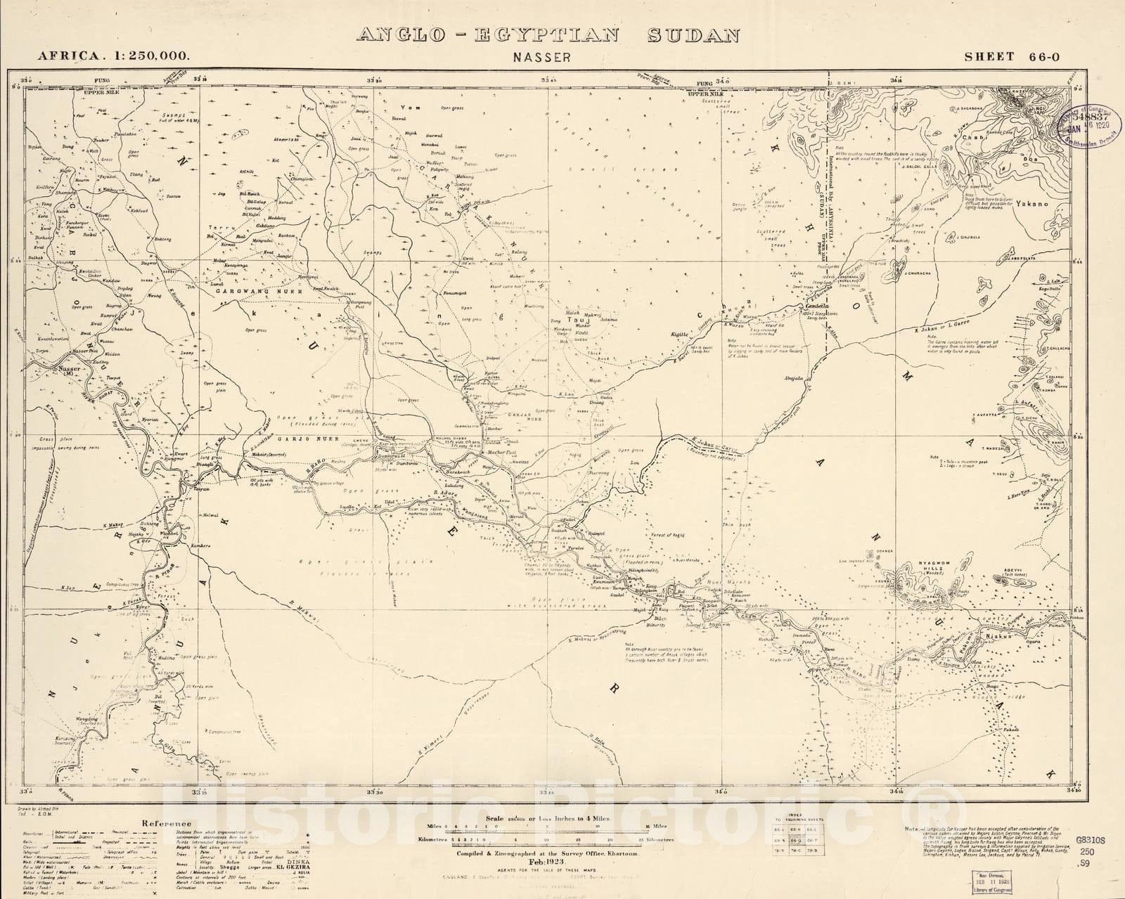 Historic 1909 Map - Sudan 1:250,000 - Nasser Sheet 66-O Feb 1923 - Anglo-Egyptian Sudan