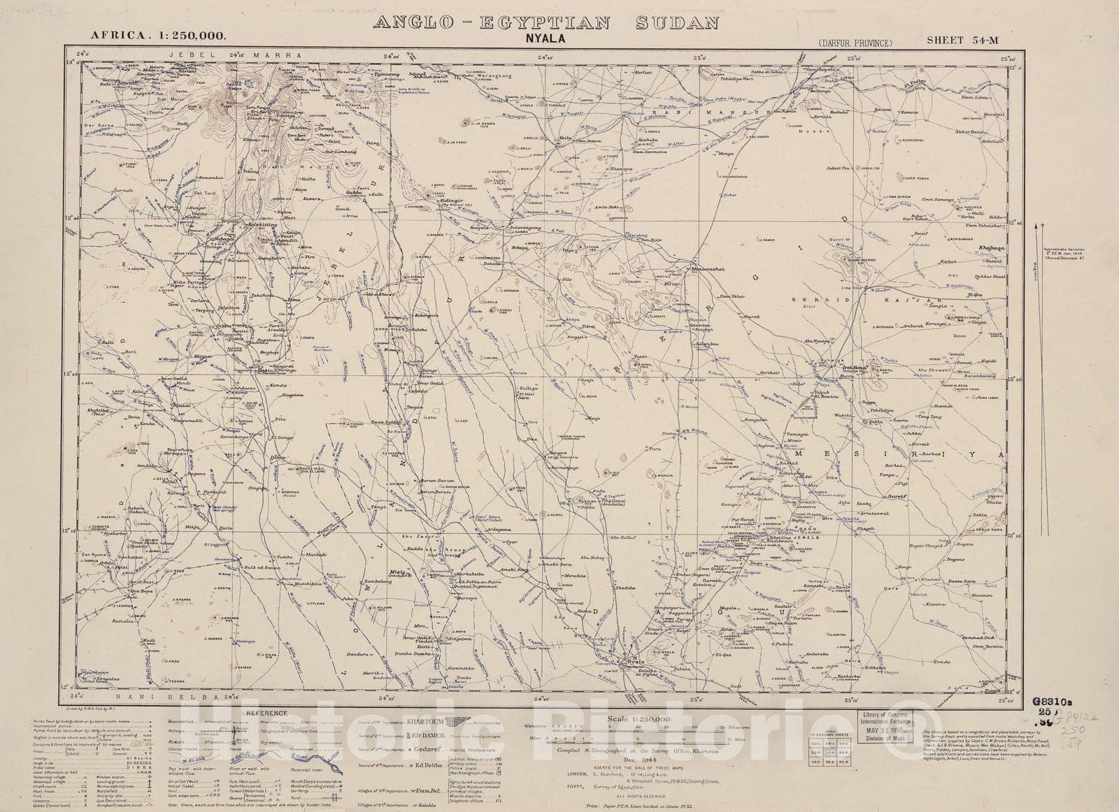 Historic 1909 Map - Sudan 1:250,000 - Nyala Sheet 54-M Dec 1944 - Anglo-Egyptian Sudan