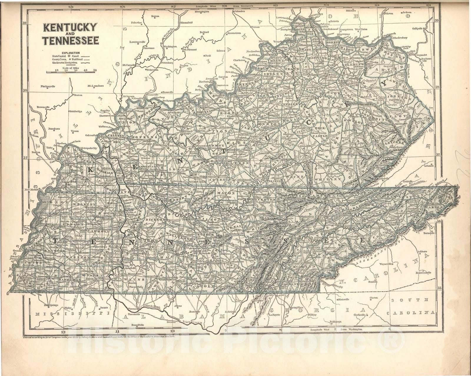 Historic 1842 Map - Morse's North American Atlas. - Kentucky and Tennessee - Morse's cerographic maps