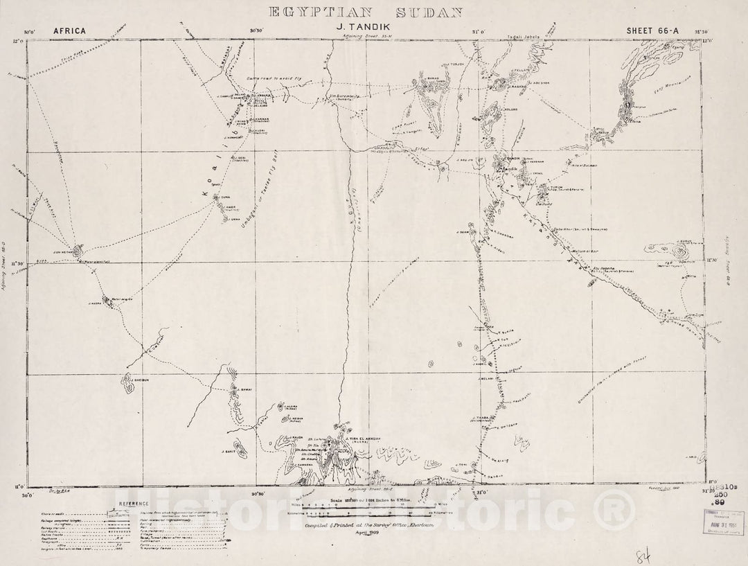 Historic 1909 Map - Sudan 1:250,000 - J. Tandik Sheet 66-A Nov 1910 - Anglo-Egyptian Sudan