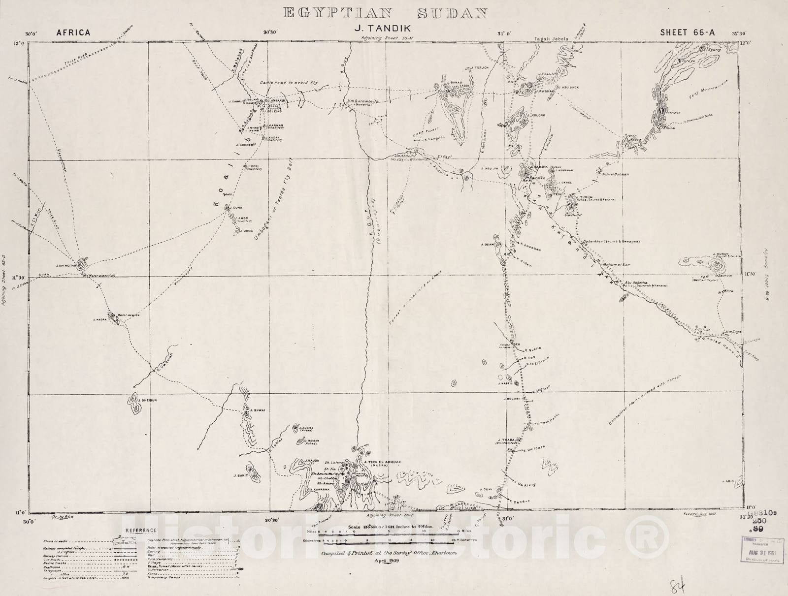 Historic 1909 Map - Sudan 1:250,000 - J. Tandik Sheet 66-A Nov 1910 - Anglo-Egyptian Sudan