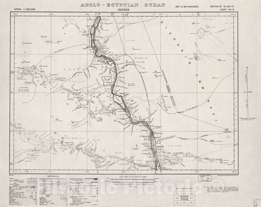 Historic 1909 Map - Sudan 1:250,000 - Berber Sheet 45-G Apr 1937 - Anglo-Egyptian Sudan