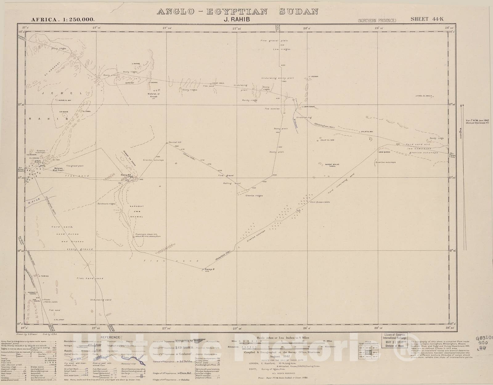 Historic 1909 Map - Sudan 1:250,000 - J. Rahib Sheet 44-K Aug 1942 - Anglo-Egyptian Sudan