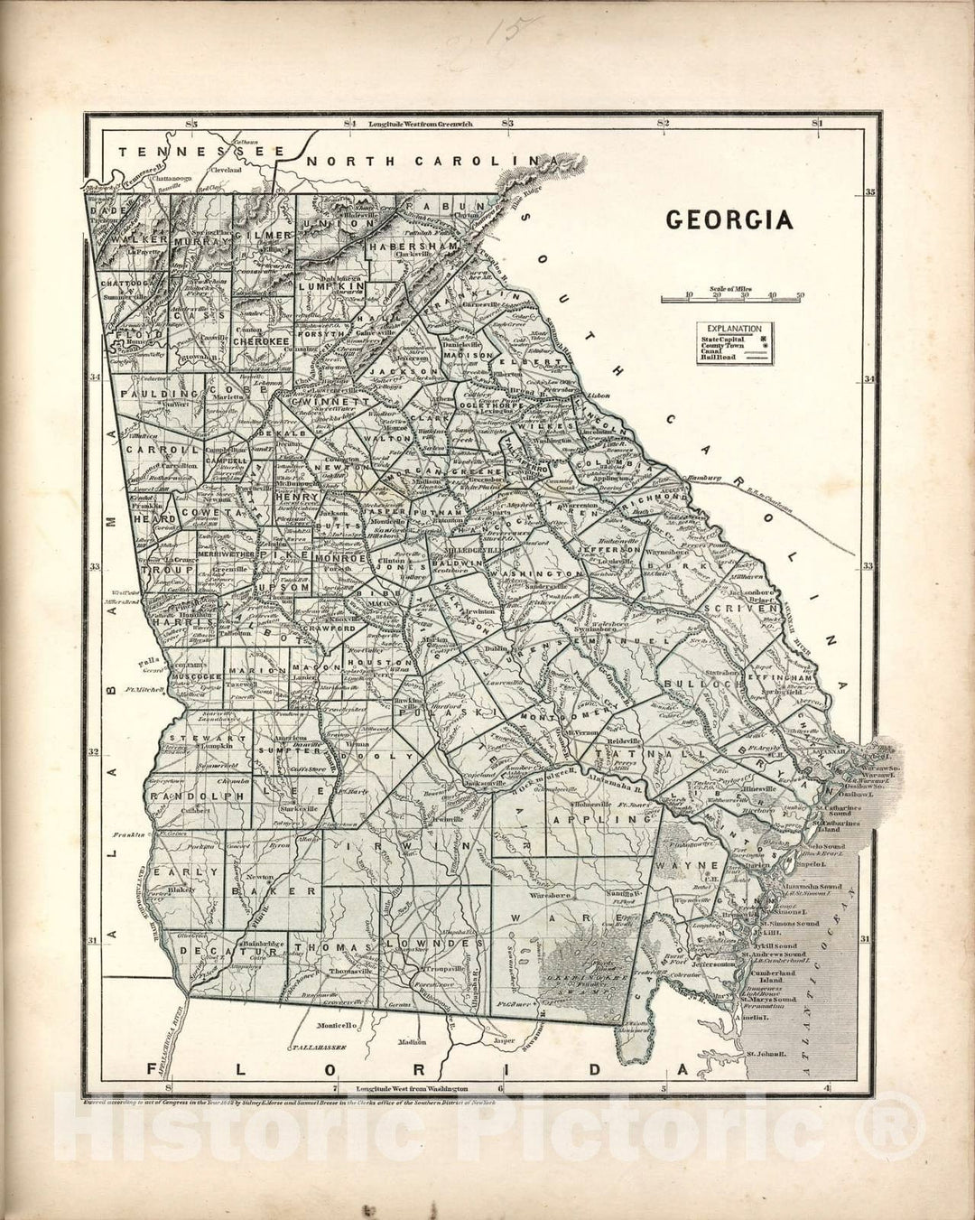 Historic 1842 Map - Morse's North American Atlas. - Georgia - Morse's cerographic maps