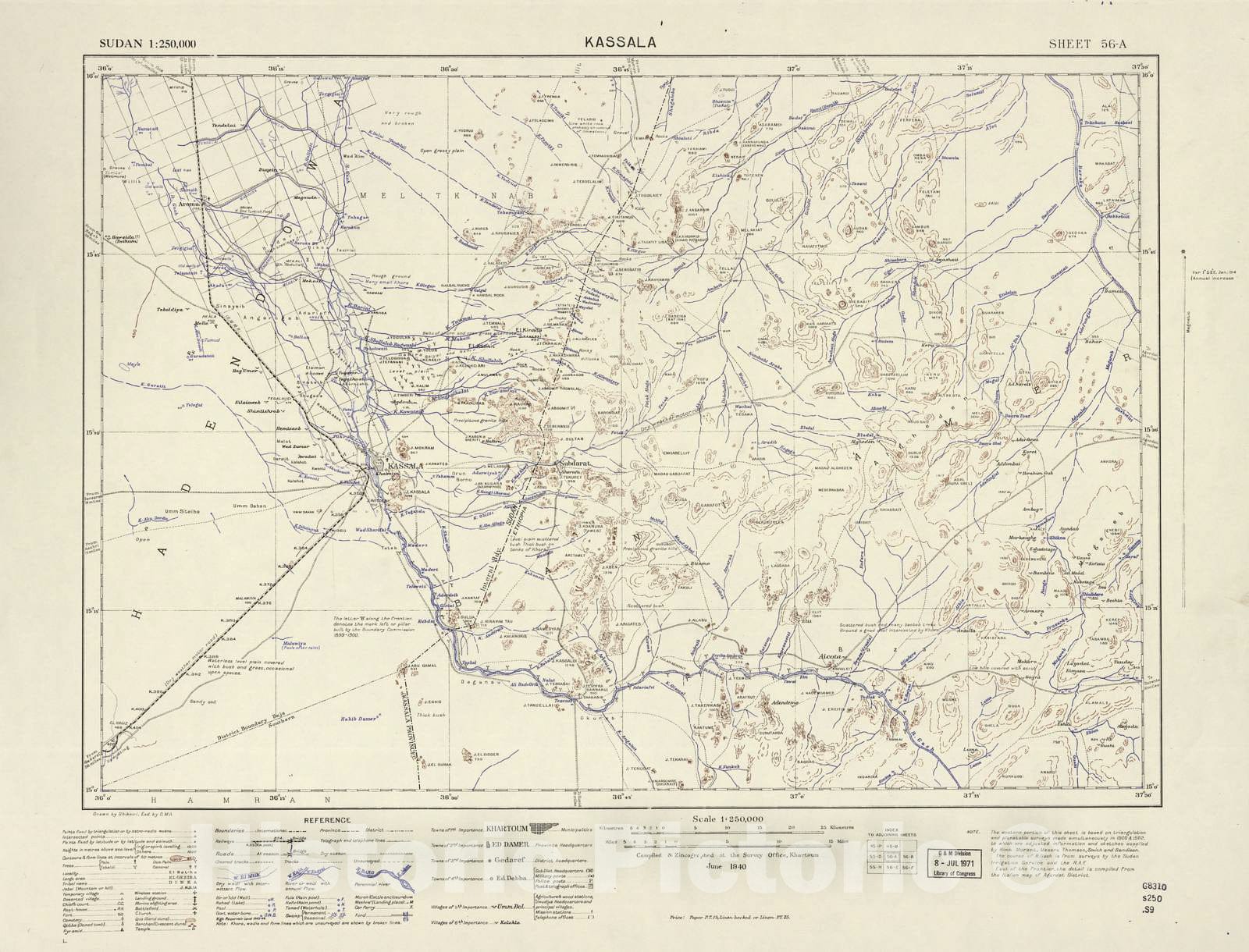 Historic 1909 Map - Sudan 1:250,000 - Kassala Sheet 56-A Jun 1940 - Anglo-Egyptian Sudan