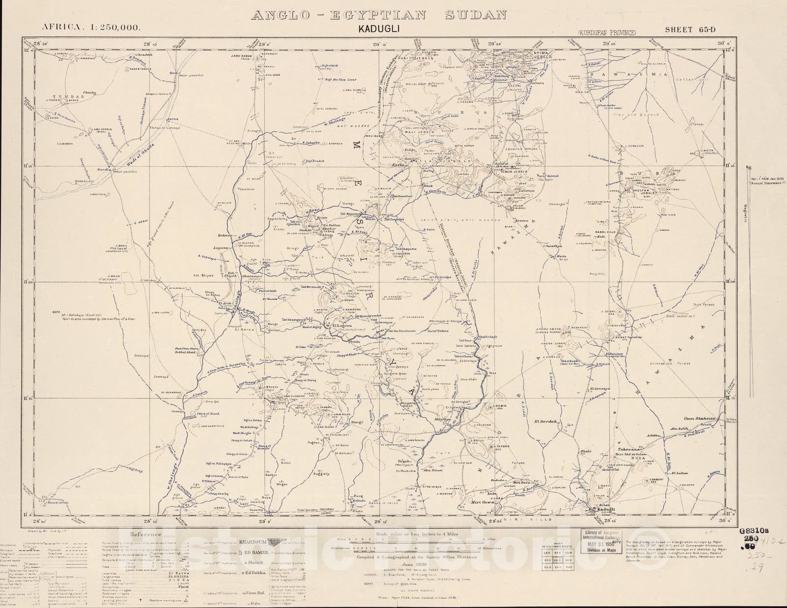 Historic 1909 Map - Sudan 1:250,000 - Kadugli Sheet 65-D Jun 1936 - Anglo-Egyptian Sudan 1