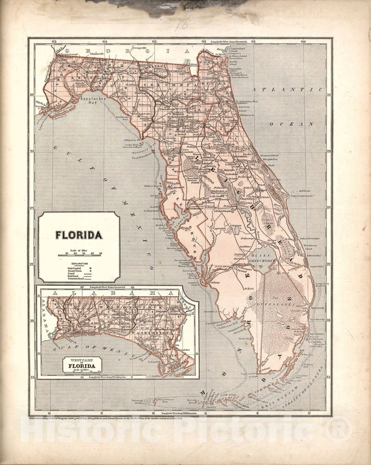 Historic 1842 Map - Morse's North American Atlas. - Florida; Inset map of west Part of Florida - Morse's cerographic maps