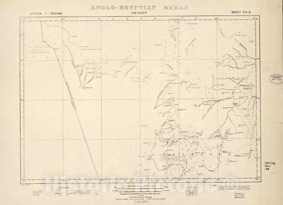 Historic 1909 Map - Sudan 1:250,000 - Um Badr Sheet 54-G Apr 1920 - Anglo-Egyptian Sudan