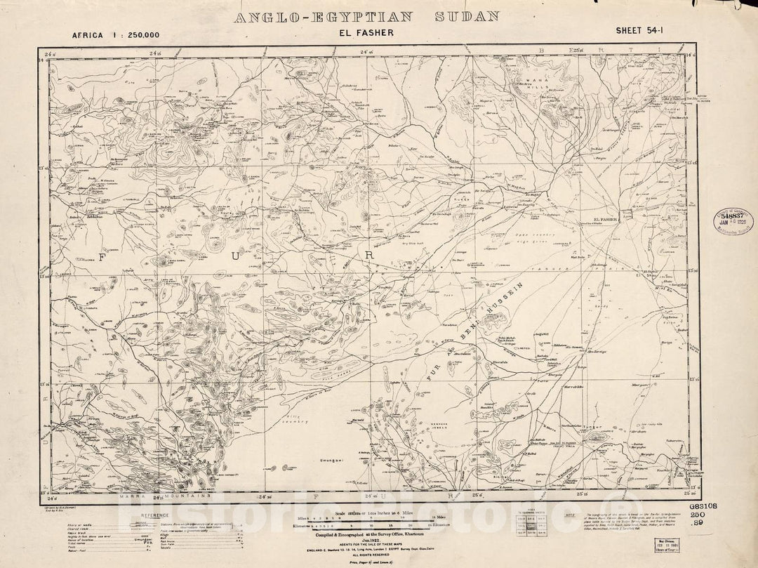 Historic 1909 Map - Sudan 1:250,000 - El Fasher Sheet 54-I Jan 1922 - Anglo-Egyptian Sudan