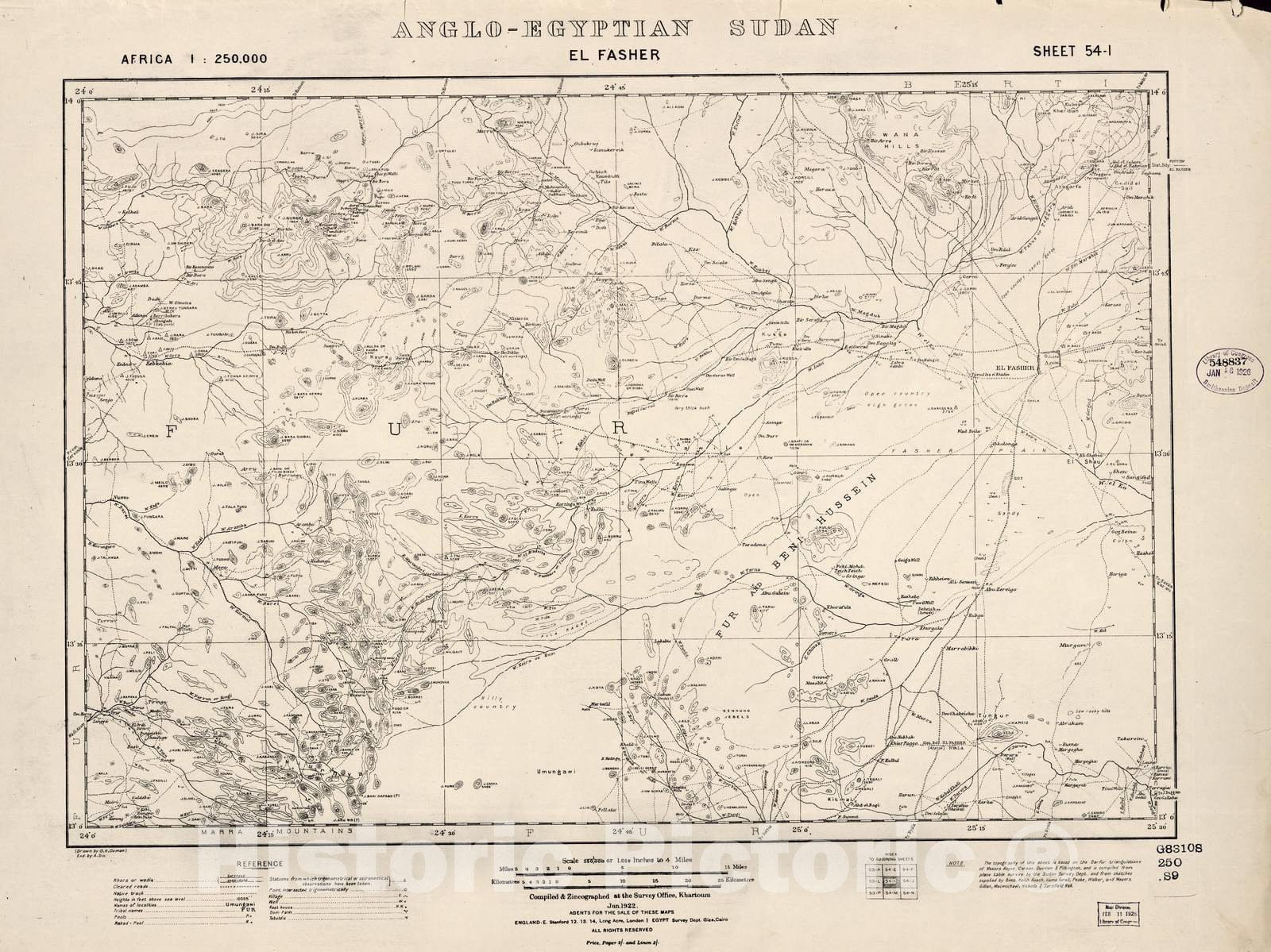 Historic 1909 Map - Sudan 1:250,000 - El Fasher Sheet 54-I Jan 1922 - Anglo-Egyptian Sudan