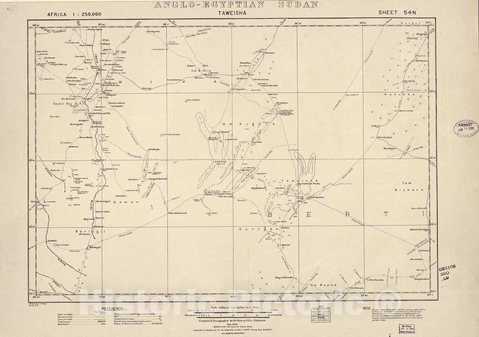 Historic 1909 Map - Sudan 1:250,000 - Taweisha Sheet 54-N Oct 1921 - Anglo-Egyptian Sudan