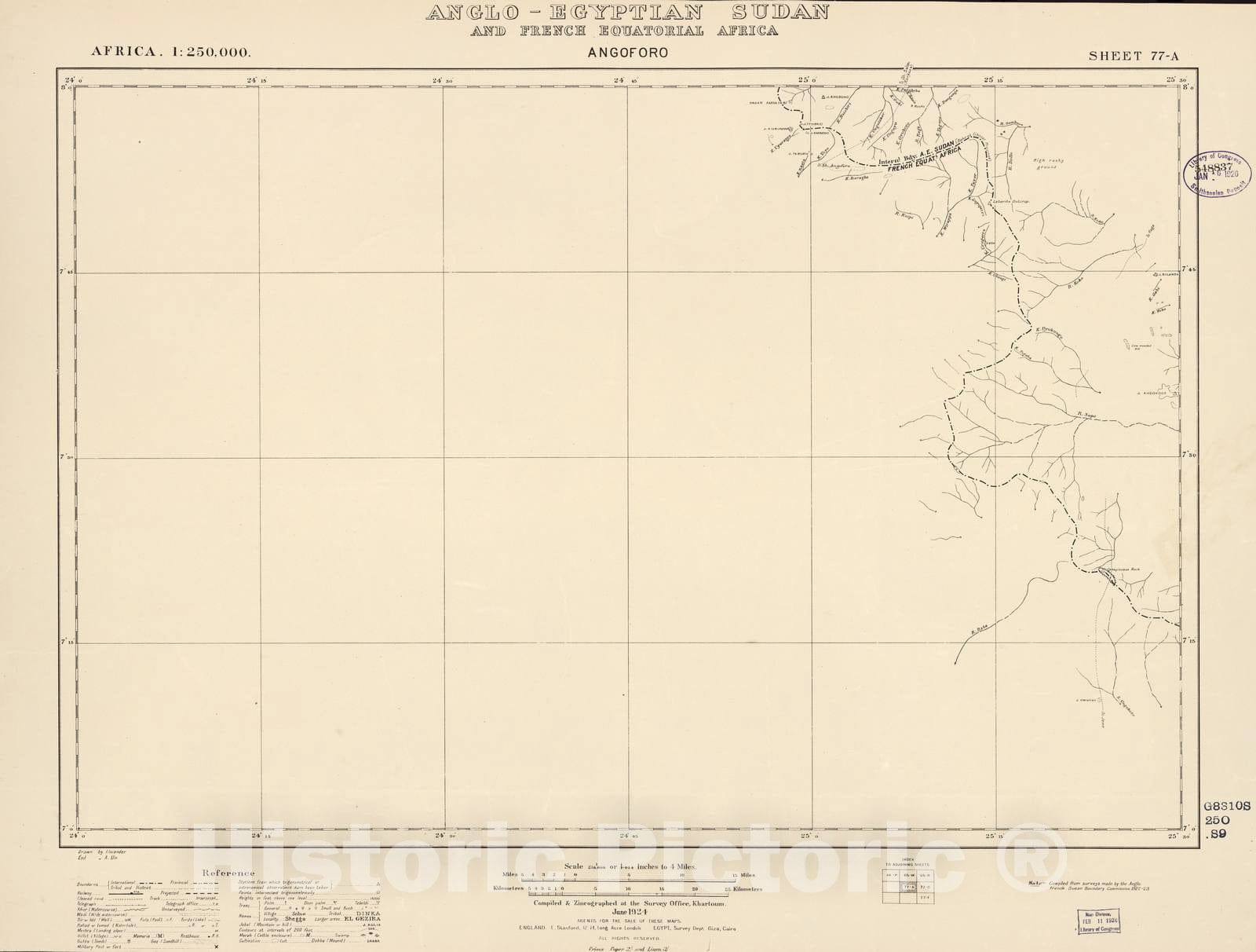 Historic 1909 Map - Sudan 1:250,000 - Angoforo Sheet 77-A Jun 1924 - Anglo-Egyptian Sudan