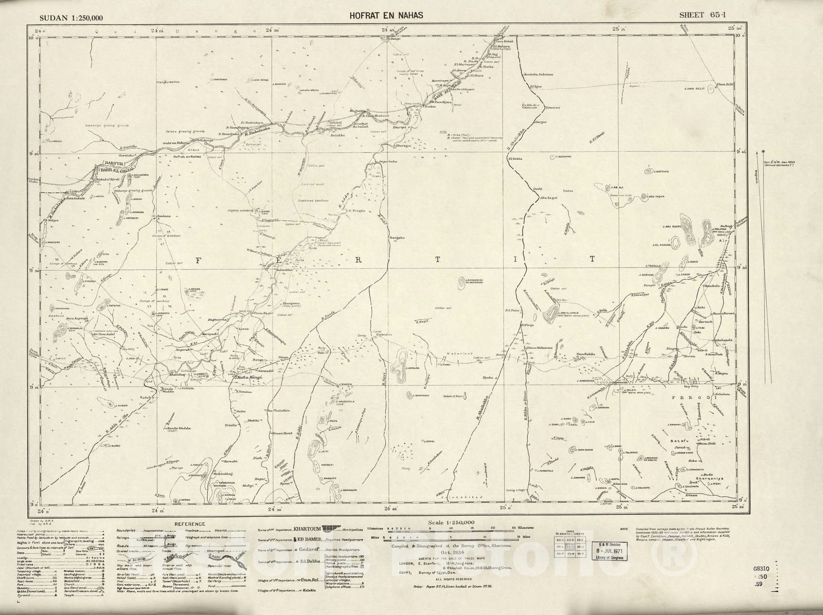 Historic 1909 Map - Sudan 1:250,000 - Hofrat En Nahas Sheet 65-I Oct 1934 - Anglo-Egyptian Sudan 2