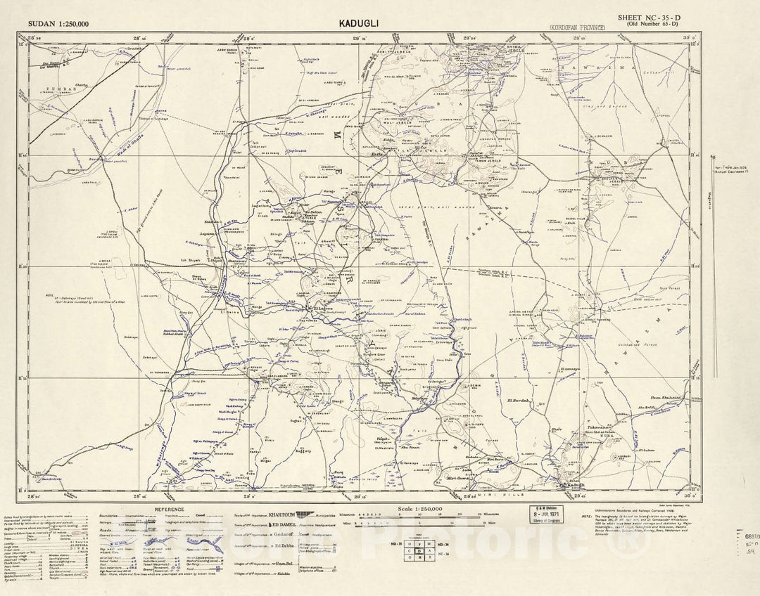 Historic 1909 Map - Sudan 1:250,000 - Kadugli Sheet NC-35-D (Old Number 65-D; No Month) 1968 - Anglo-Egyptian Sudan