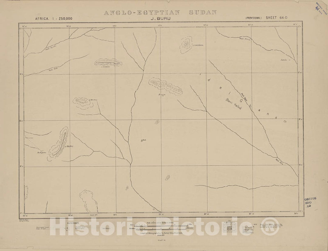 Historic 1909 Map - Sudan 1:250,000 - J.Buru Sheet 64-D Feb 1916 - Anglo-Egyptian Sudan