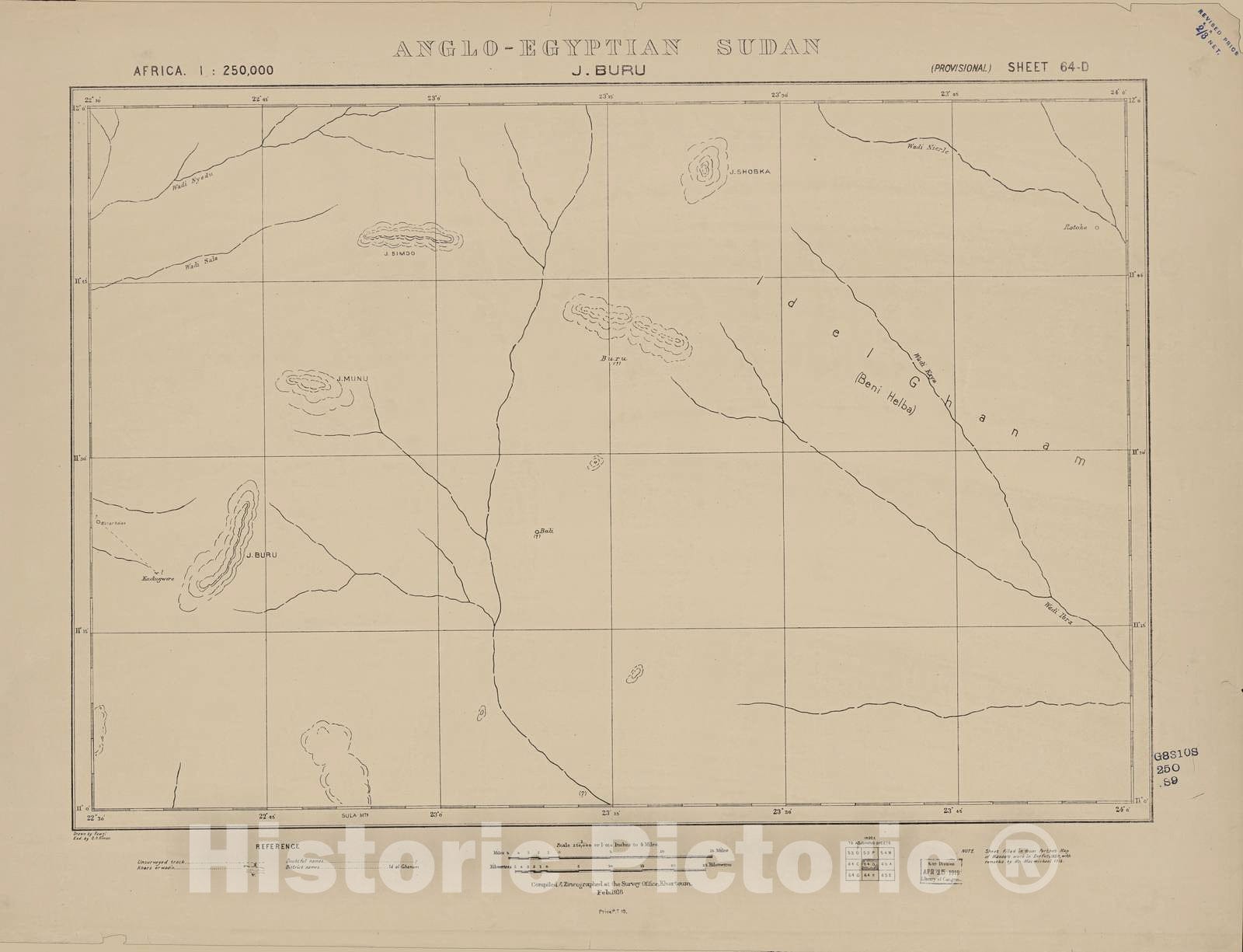 Historic 1909 Map - Sudan 1:250,000 - J.Buru Sheet 64-D Feb 1916 - Anglo-Egyptian Sudan