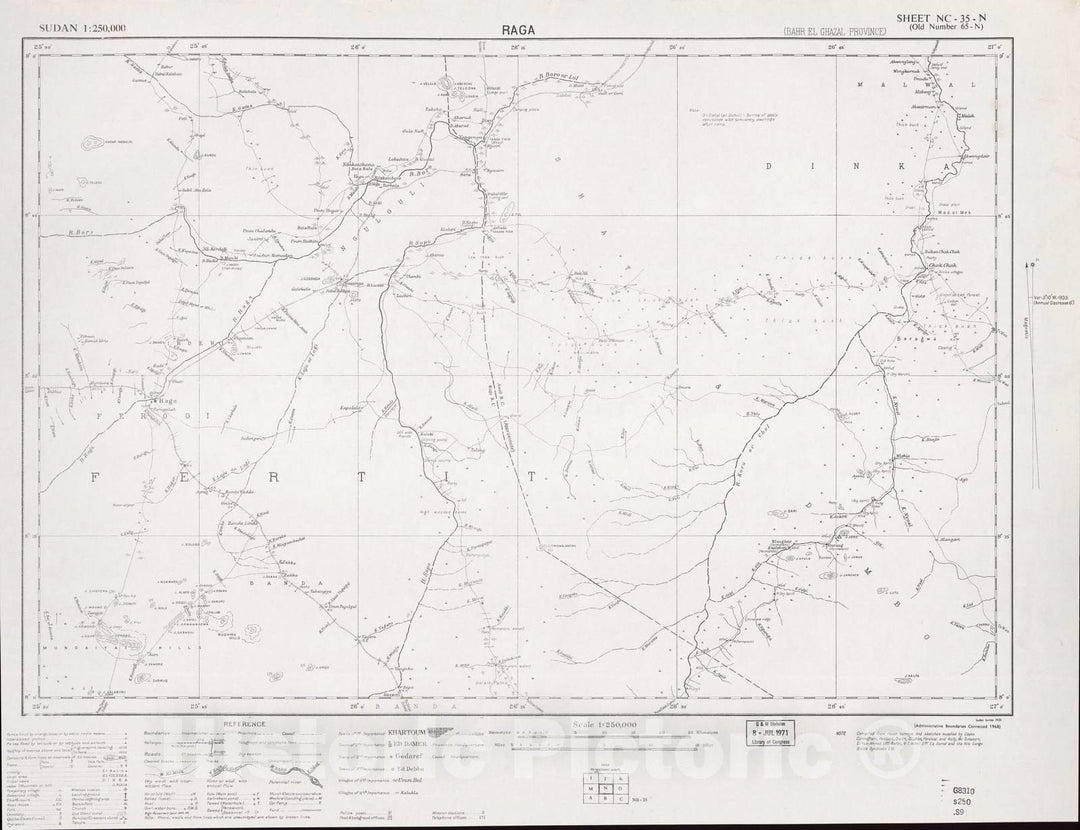 Historic 1909 Map - Sudan 1:250,000 - Raga Sheet NC-35-N (Old Number 65-N; No Month) 1968 - Anglo-Egyptian Sudan