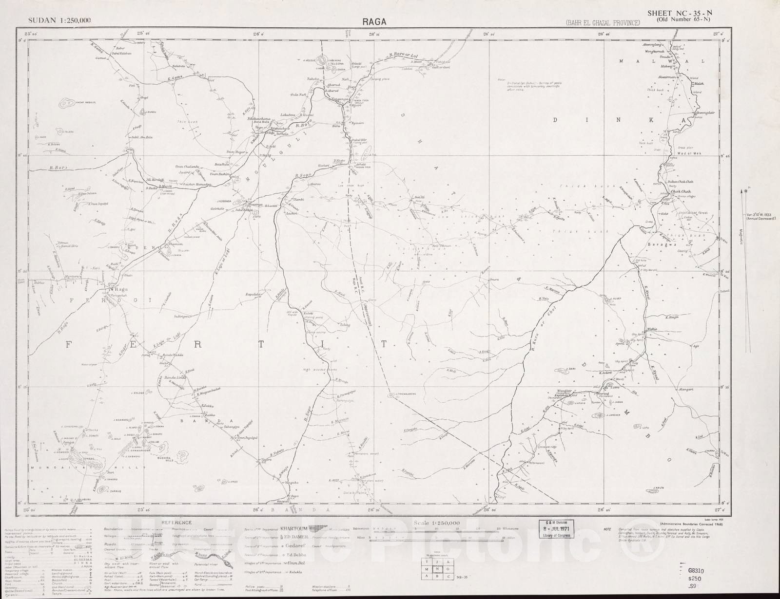 Historic 1909 Map - Sudan 1:250,000 - Raga Sheet NC-35-N (Old Number 65-N; No Month) 1968 - Anglo-Egyptian Sudan