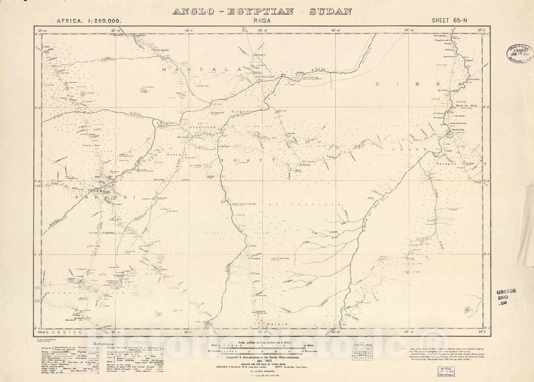 Historic 1909 Map - Sudan 1:250,000 - Raga Sheet 65-N Apr 1922 - Anglo-Egyptian Sudan